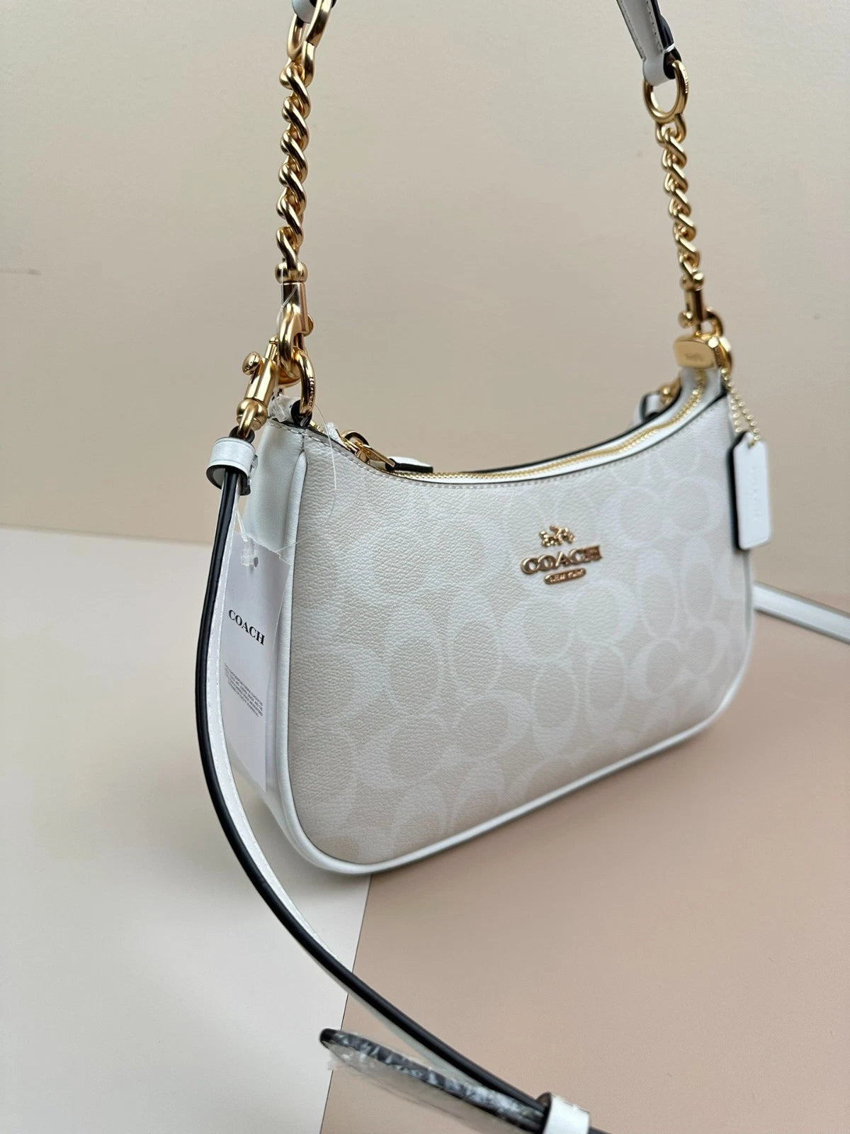 COACH Classic Canvas Chain Shoulder Crossbody Bag Glacier White 24.5cm