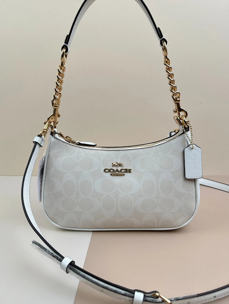 COACH Classic Canvas Chain Shoulder Crossbody Bag Glacier White 24.5cm